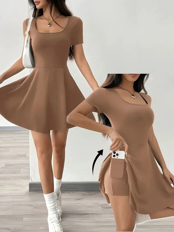 Sexy Backless Solid Color Short Sleeved Dress Waist Cinching A Line Short Skirt For Women Style Fashionable And Slimming_ecoleips.com