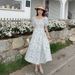 European And American Style French Square-neck Floral For Women, New Waist-cinching Long Dress With Short Sleeves In_ecoleips.com