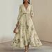 Autumn And Winter New Women's Print V-neck Long Sleeve Fashion Pleated Dress Long Skirt Women_ecoleips.com
