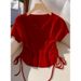 Women's Yellow Drawstring Cardigan Short Sleeve Ice Silk Knit T-Shirt Summer Korean Style Chic Top_ecoleips.com