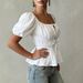 Women's Clothing French Retro Style Square Neckline Blouse Openwork Front Tie Waist Sexy Backless Top With Puff Sleeves Elegant Short Vacation Style_ecoleips.com