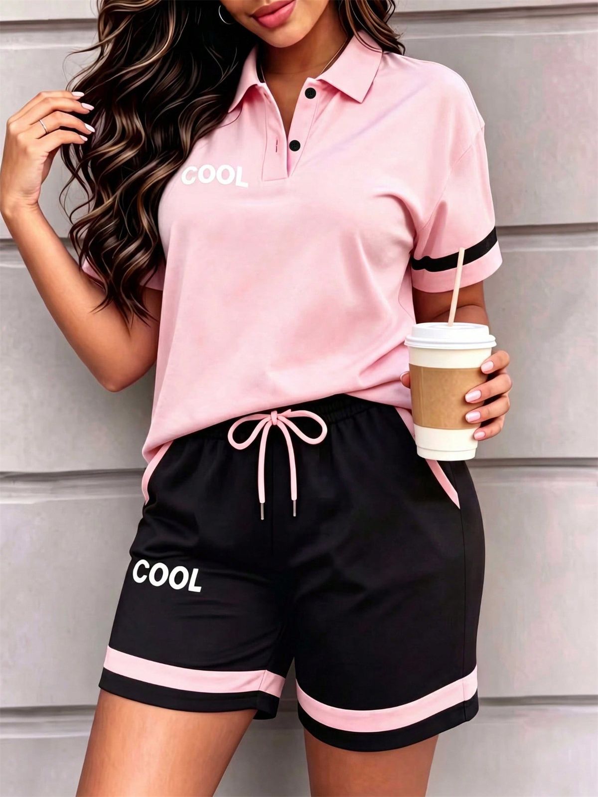 Women's Pink Two Piece Set Short Sleeve, Casual Ribbed Knit Crop Top And High Waisted Shorts Outfit_ecoleips.com
