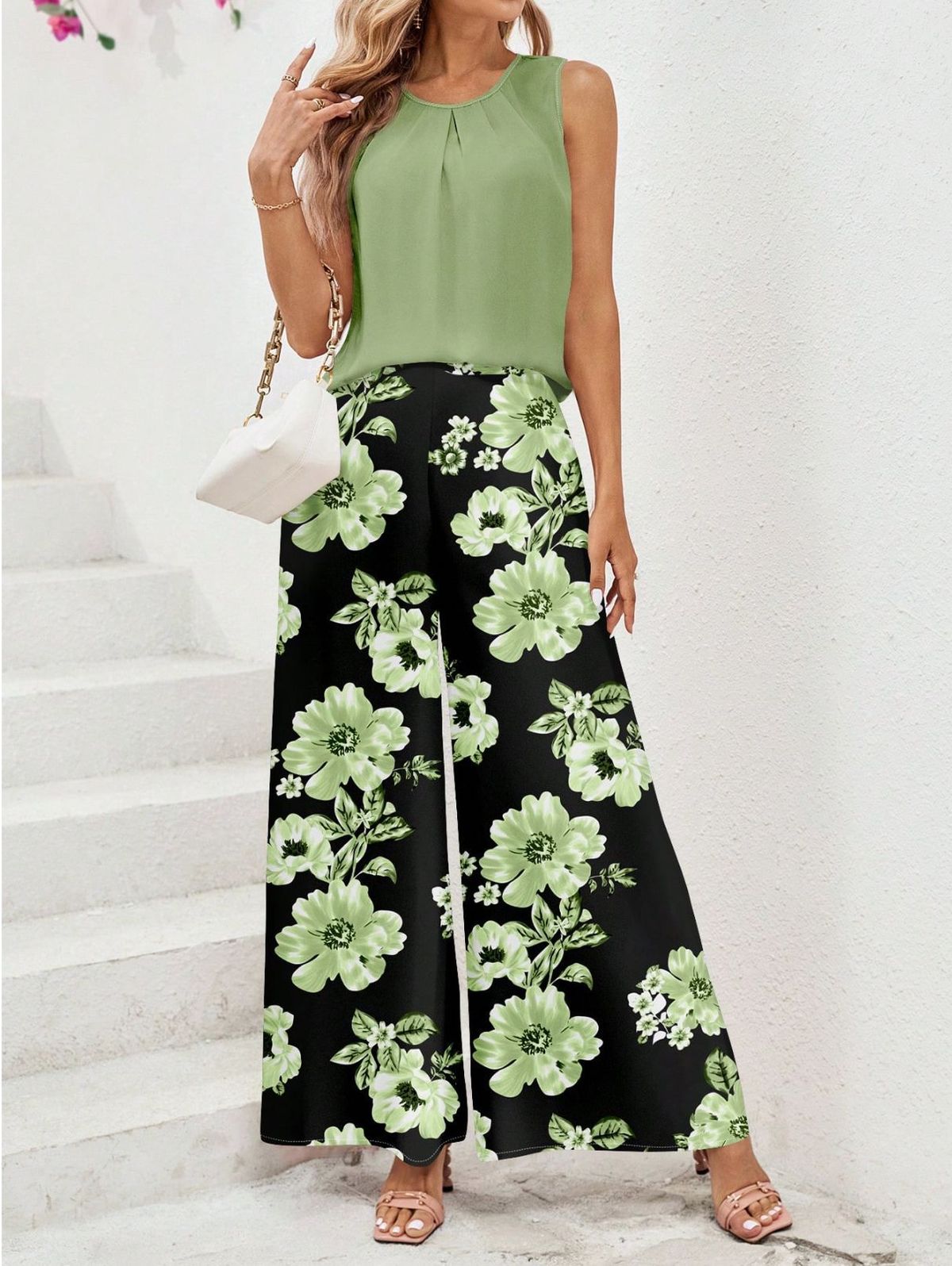 Women's Fashionable Elegant Casual Printed Sleeveless Vest Top And Wide Leg Pants Two Piece Set Spring Summer New Arrival_ecoleips.com