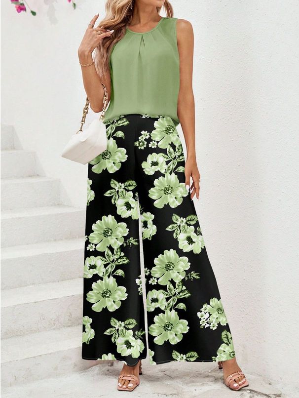 Women's Fashionable Elegant Casual Printed Sleeveless Vest Top And Wide Leg Pants Two Piece Set Spring Summer New Arrival_ecoleips.com