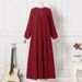 In-stock Muslim Women's New Cross-border Arab Solid Color Dress With Ribbon, Puff Sleeves, Loose Fit, And Round Neck_ecoleips.com