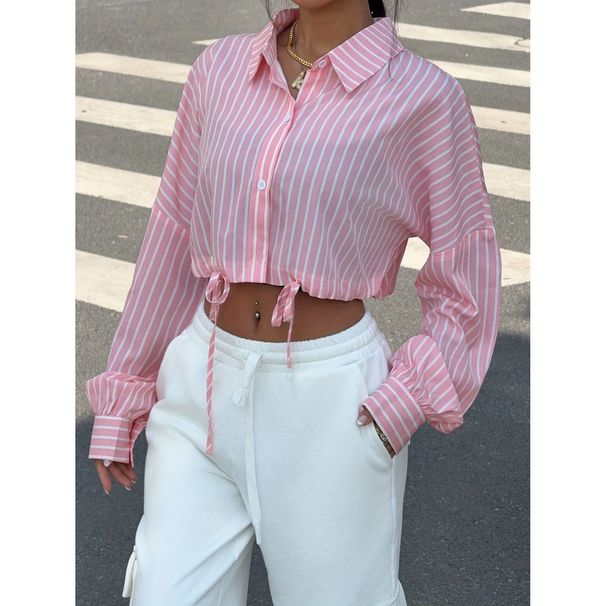 2025 European Style Casual Fashion Design Women's Pink Striped Long Sleeve Loose New Outerwear Unique Shirt_ecoleips.com