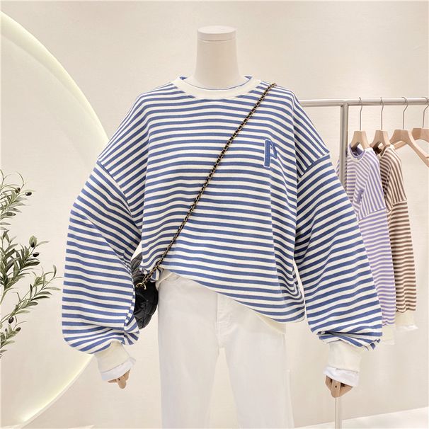 2022 Striped Sweatshirt Women, Spring Autumn Thin Style, European And American Loose Fit, Versatile Design,_ecoleips.com