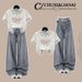 Trendy Love Print Checkered Patchwork Fake Two-Piece Tee With Lace Trim High-Waist Jeans Set_ecoleips.com