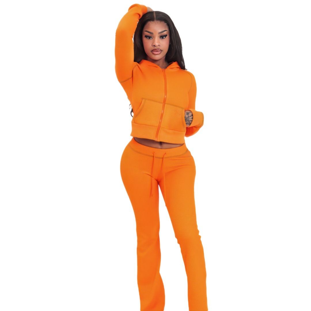 Women's Clothing New Style Fashionable And Elegant Waffle Hooded Two Piece Suit_ecoleips.com