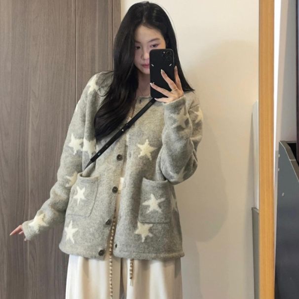 Gray Star-Print Sweater Jacket With Autumn/Winter Korean-Style Casual Luxury Knit Cardigan Top_ecoleips.com