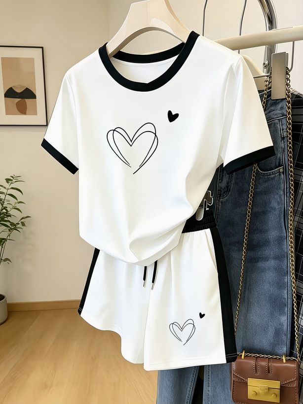 Women's Color Block T-Shirt And Shorts Set Summer Casual Versatile Print Crew Neck Short Sleeve Stylish Outfit_ecoleips.com