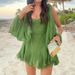 Women's Clothing Spring Dress Sexy Hot Girl Hollow Lantern Sleeve V Neck Off Shoulder Dress Short Skirt_ecoleips.com
