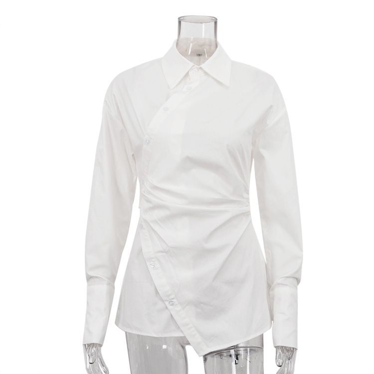 Slim Fit Women's Cotton Shirt Long Sleeved White Collared Crossover Design Irregular Cardigan Top New Style 2025_ecoleips.com