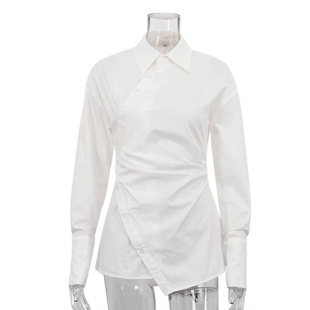 Slim Fit Women's Cotton Shirt Long Sleeved White Collared Crossover Design Irregular Cardigan Top New Style 2025_ecoleips.com