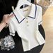 Summer New Women's White Polo Collar Short Sleeve T-Shirt Knitted Top Stylish Unique Beautiful Snow_ecoleips.com