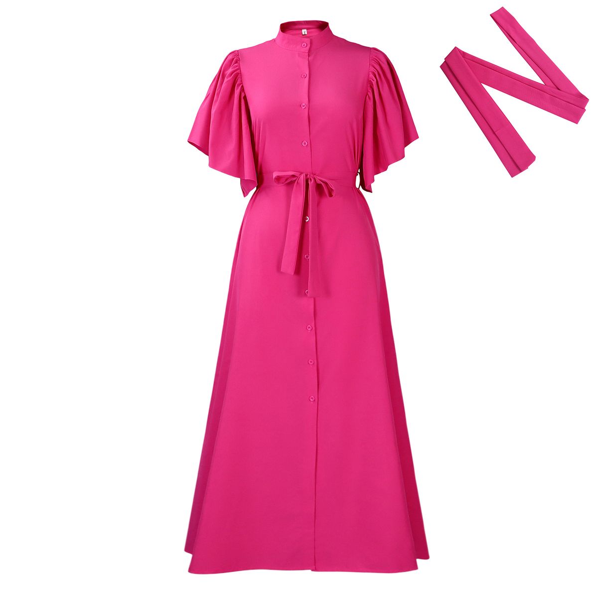 Women's Clothing Summer Fashion Trumpet Sleeve Single Breasted Belt Waist Loose Long Skirt_ecoleips.com