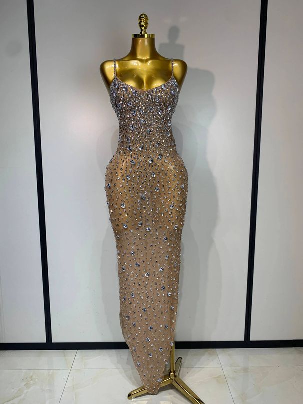 Luxury Rhinestones Sexy Mesh See Through Bodycon Dress Women Birthday Evening Cocktail Party Gown Carpet Club Stage Outfit IJX8_ecoleips.com