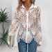 Women's Clothing Retro Polo Collar Hollow Solid Color Lace t Shirt Winter Commuter Button Cardigan Long Sleeved Top_ecoleips.com