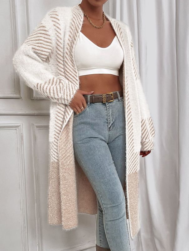 Women's Oversized V-Neck Cardigan Sweater - 2024 Trendy Longline Knit Coat With Faux Fur Accents (Beige/3 Colors, S-XL)_ecoleips.com