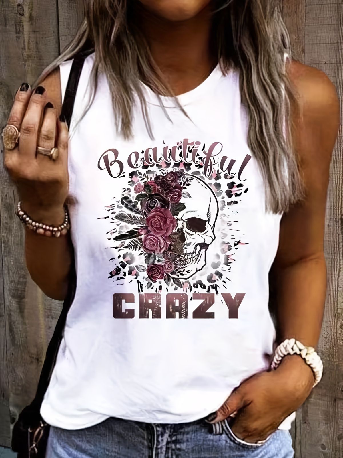 Women's Summer Skeleton Flower Print Large Casual Sleeveless Loose Tank Top T-shirt Streetwear Oversized O-Neck Vest Off_ecoleips.com