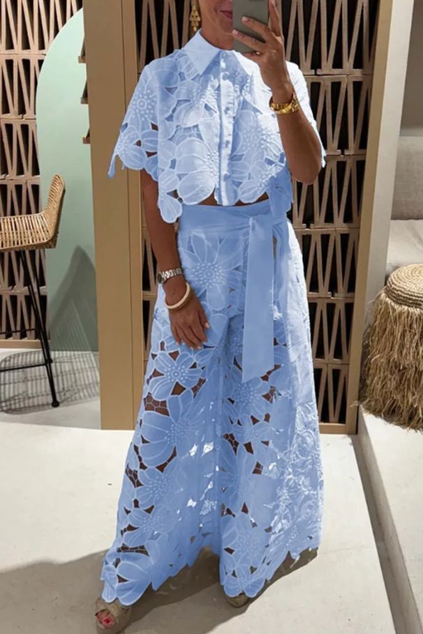 Women's Sexy Hollow-Out Knit Top & Wide-Leg Pants Set – Breathable Polyester (White/Black/Yellow/Pink/Blue/Green, Summer Trendy Elegant Outfit)_ecoleips.com