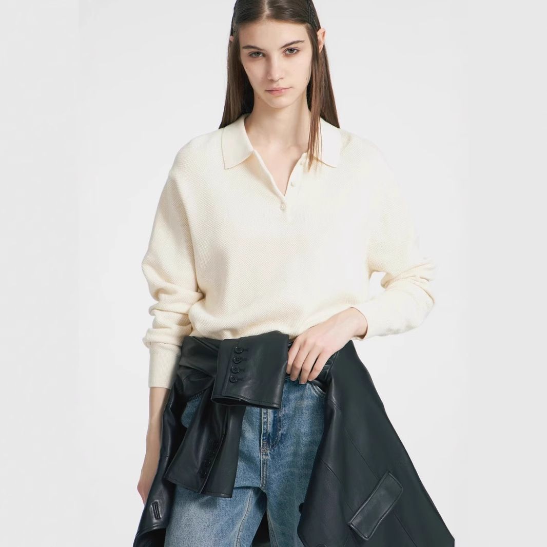 Women's Solid Color Polo Collar Knitwear Pullover Casual Autumn/Winter Sweater_ecoleips.com