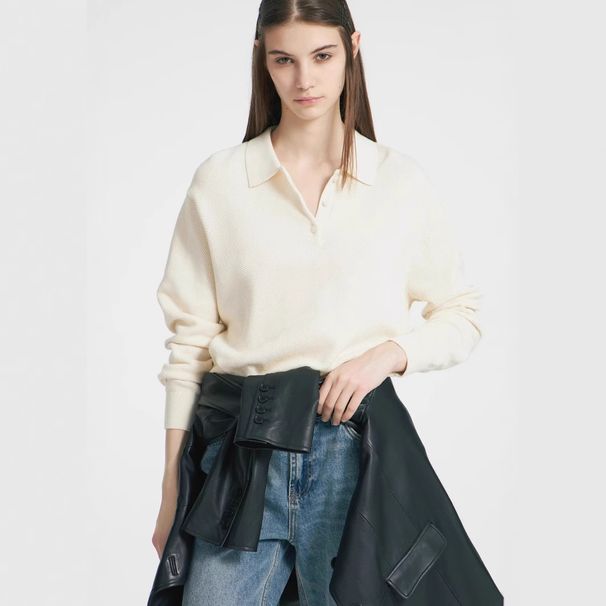 Women's Solid Color Polo Collar Knitwear Pullover Casual Autumn/Winter Sweater_ecoleips.com