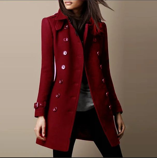 Women's Wool-Blend Trench Coat - Double-Breasted Mid-Length Coat For Autumn/Winter, Slim Fit, Polyester Blend, Office & Casual Wear_ecoleips.com