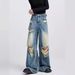 EDX Blue Ripped Jeans For Women, Summer American High Street Retro Floor-length Pants, Loose High-waisted Straight_ecoleips.com