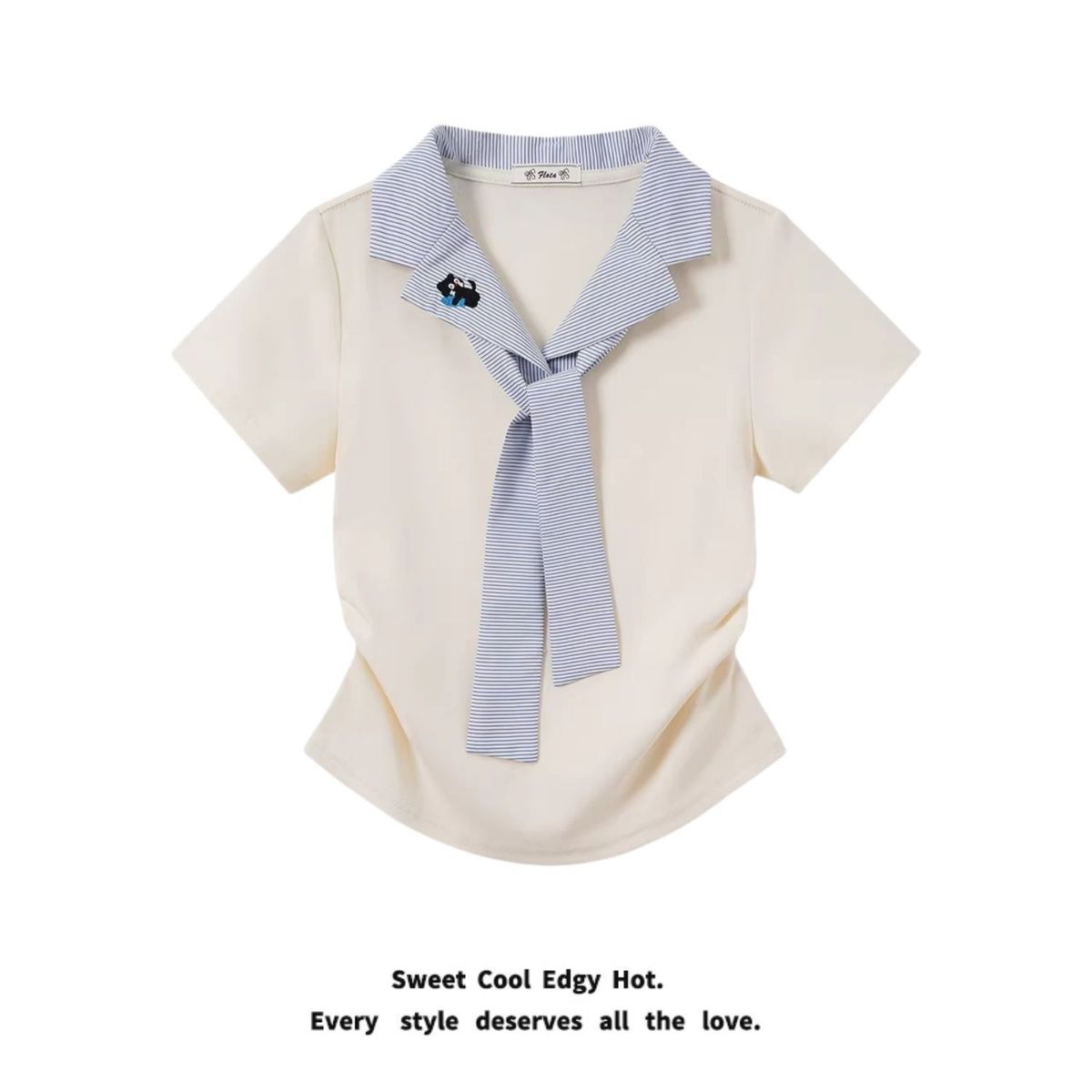 Ribbed Collar Tie-Waist T-Shirt & Plaid Patchwork Denim Jeans Set | Anime Cartoon Print | Casual Summer Outfit_ecoleips.com