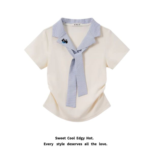 Ribbed Collar Tie-Waist T-Shirt & Plaid Patchwork Denim Jeans Set | Anime Cartoon Print | Casual Summer Outfit_ecoleips.com