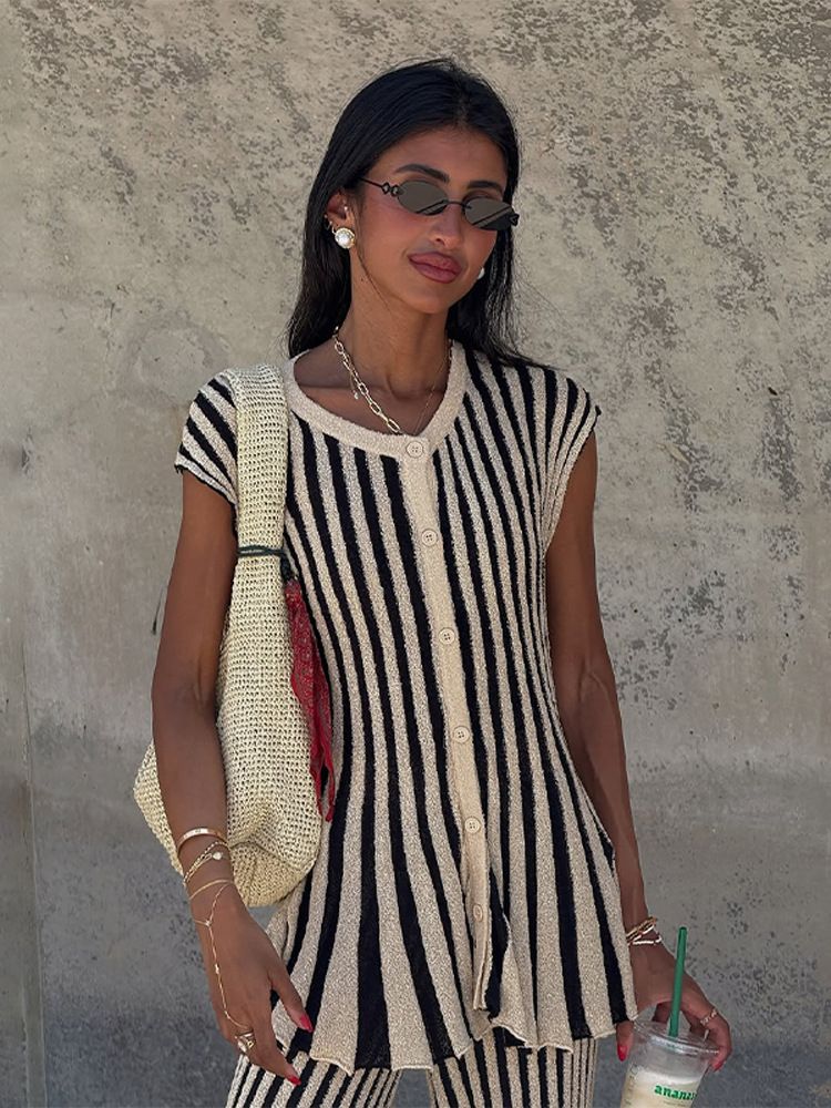 Elegant Sleeveless Striped Knit Print Top & Pants Set - Stylish Casual Outfit For Women_ecoleips.com