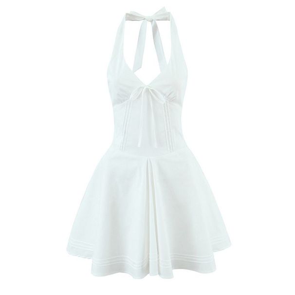 Deep V Halter Neck Waist Cinched Voluminous Puffy Flared Mini Dress Women Elegant Swing Short Party Dress_ecoleips.com