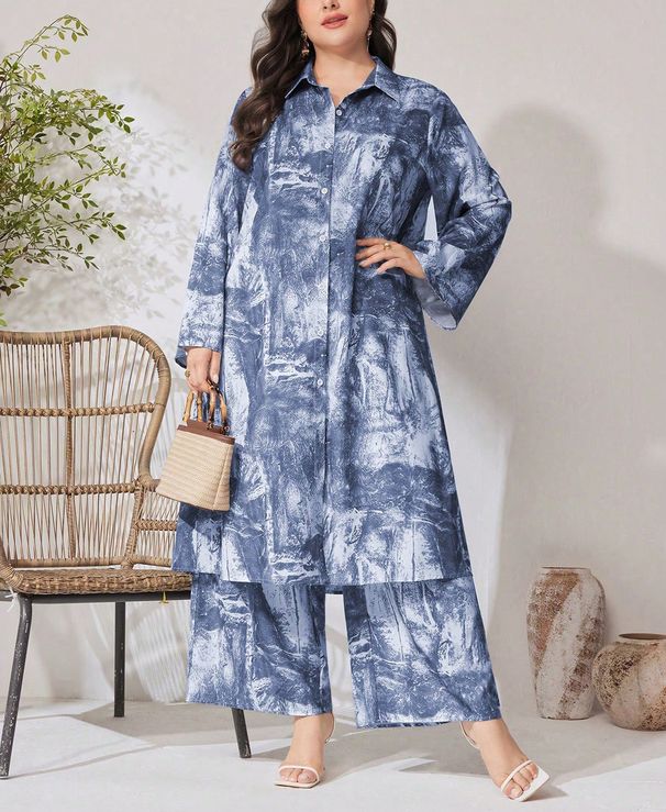 Plus-Size Print Suit Set – Modest Long Sleeve Top & Palazzo Pants For Women (0XL-4XL) | Fashion Breathable & Ethnic Elegance_ecoleips.com