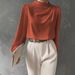 Women's Clothing Elegant And Sophisticated Elegant Brick Red Blouse – High Neck Relaxed Fit Long Sleeve Top For Effortless Sophistication_ecoleips.com