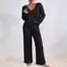 Women's Long Sleeve V-Neck Casual Lounge Set - Soft Brushed Striped Jogger Pants & Top (S-XXL, Autumn/Winter Collection)_ecoleips.com
