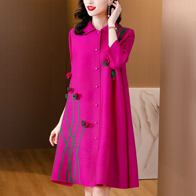 Plus Size Pleated Dress Autumn Wear Lapel Print Loose Slim Single-Breasted Cardigan For Women New Style_ecoleips.com