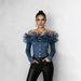 Women's Clothing Women's Blue Denim Top Off-Shoulder Button Decorated Shirt Ruffled Mesh Trim Spring/Autumn_ecoleips.com