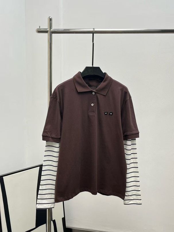 2025 Early Autumn New M Style Micro Label Polo Collar Striped Long Sleeve F Ake Two-Piece T-Shirt Top_ecoleips.com