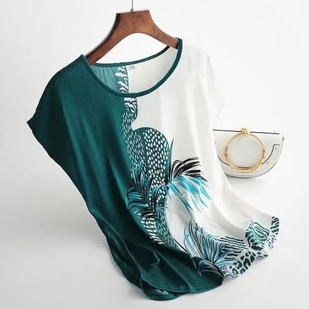 Women's Clothing Mother's Summer Ice Silk Tops For Middle Aged And Elderly Women With Large Size Printed Short Sleeved Loose Belly Covering T Shirts_ecoleips.com