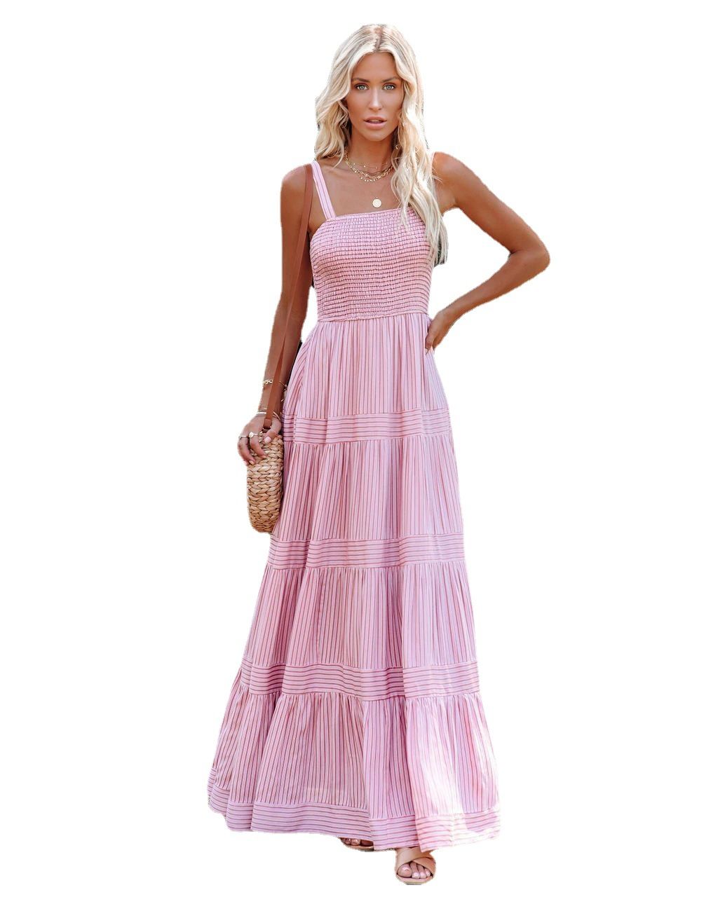 2024 European And American Summer Women's Fashion: New Vacation Style Strapless Tie-Back Printed Long Dress Is_ecoleips.com