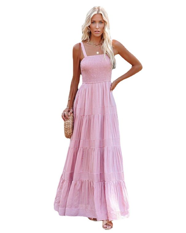 2024 European And American Summer Women's Fashion: New Vacation Style Strapless Tie-Back Printed Long Dress Is_ecoleips.com