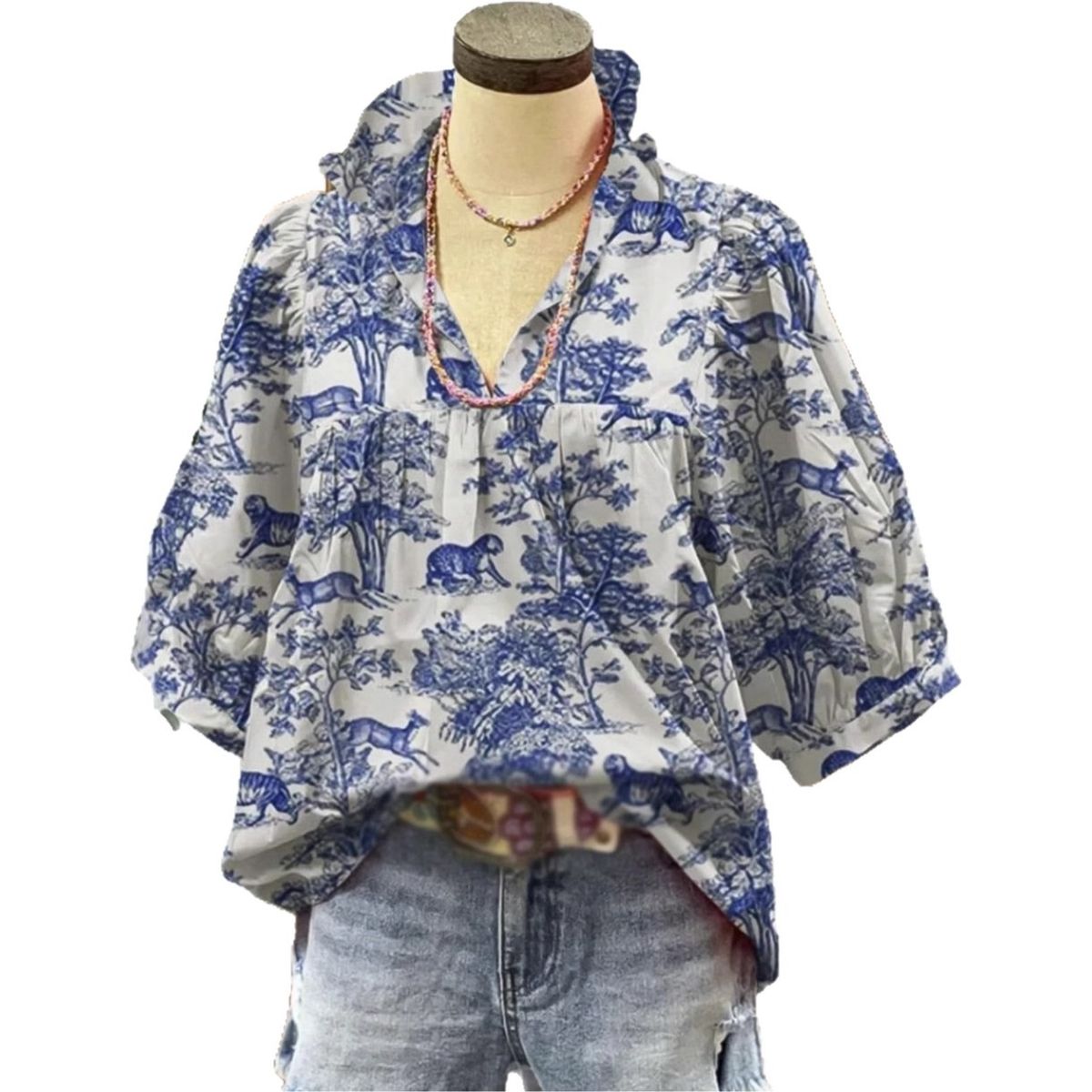 New Cross-border European And American Independent Site Printed V-neck Ruffle Women's Top_ecoleips.com