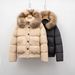 Women's Short Puffer Jacket With Fox Fur Hood - Thickened Loose Fit Winter Coat, Duck Down Filling, Nylon Shell, Black & Khaki_ecoleips.com