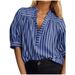 Women's Casual Striped Shirt With Pleated Design, V-Neck Top_ecoleips.com