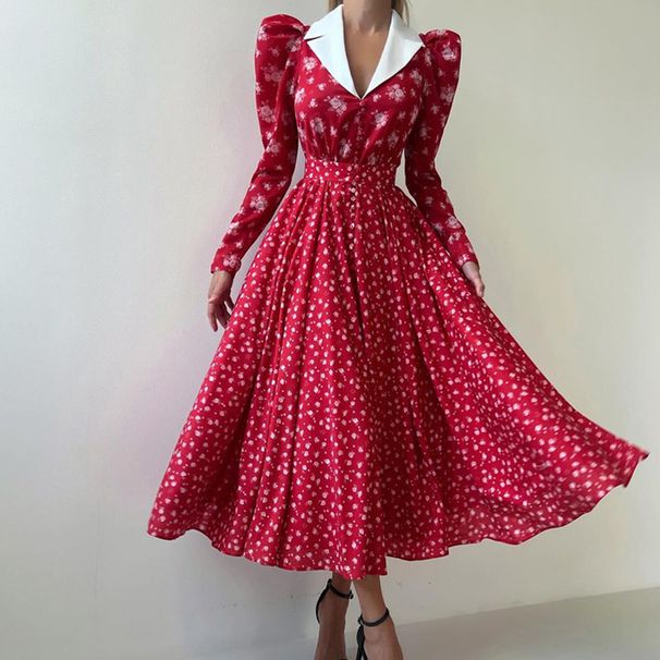 Fashion Lapel High Waist Pleat Party Dress Women Casual Long Sleeve A-Line Dress Elegant Pattern Print Contrast Color Long Dress_ecoleips.com