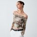 Voya Women's European And American Style Retro 3D Print Sexy Off-Shoulder Ruched Crop Top Slim Fit T-Shirt For Women 2024 Spring New_ecoleips.com