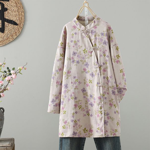 New Chinese-style Diagonal Placket Buttoned Printed Cotton-linen For Women, Autumn Mid-length Zen-inspired Cheongsam_ecoleips.com
