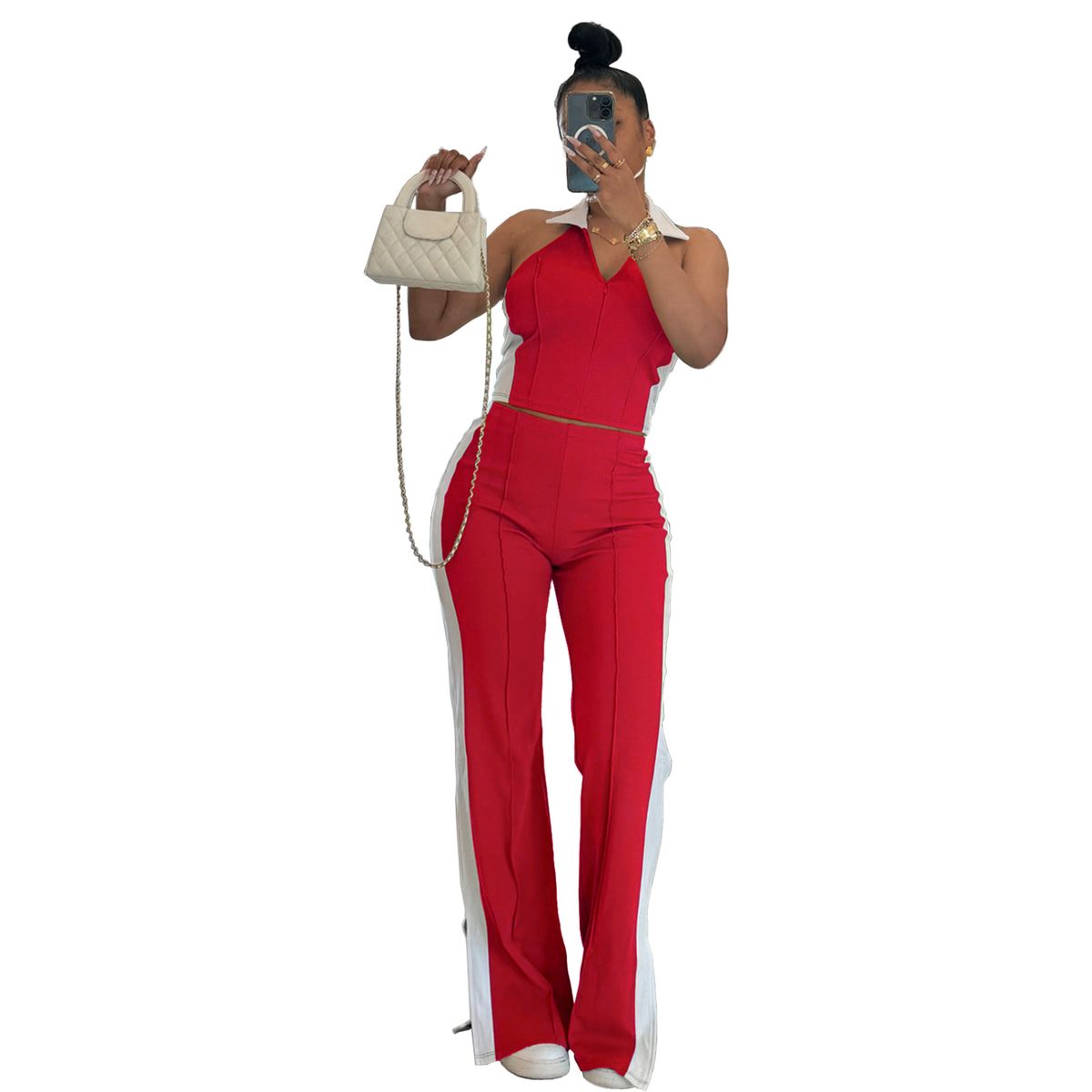 Women's Clothing Fashion Stitching Contrast Color V Neck Zipper Sleeveless Split Pants Two Piece Suit_ecoleips.com