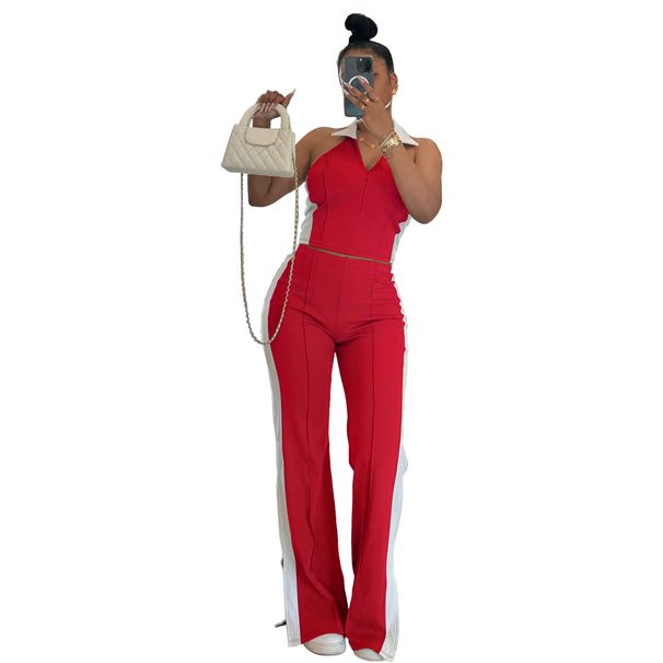 Women's Clothing Fashion Stitching Contrast Color V Neck Zipper Sleeveless Split Pants Two Piece Suit_ecoleips.com
